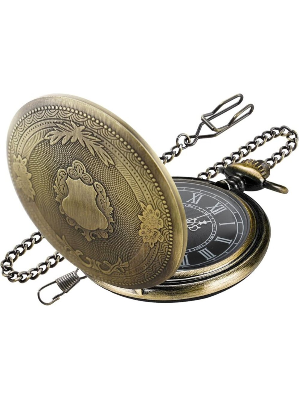 Men's Brown And Black Analog Quartz Flower Arabic Numerals Movement Pocket Watch